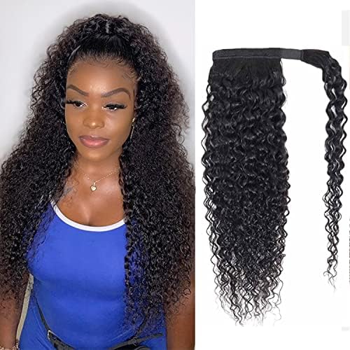 Seelaak Kinky Curly Human Hair Ponytail Extensions with Wrap Around 10A Brazilian Ponytail Human Hair Water Wave Afro Curly Ponytail Clips in Human Hair ExtensionWrap Around Kinky Curly Ponytail Hairpiece, Natural Black Brazilian Hair Ponytail Extension, Long Ponytail Extensions for Black Women, 10A Afro Curly Ponytail Long Curly Wavy Ponytail 1B# 18 Inch