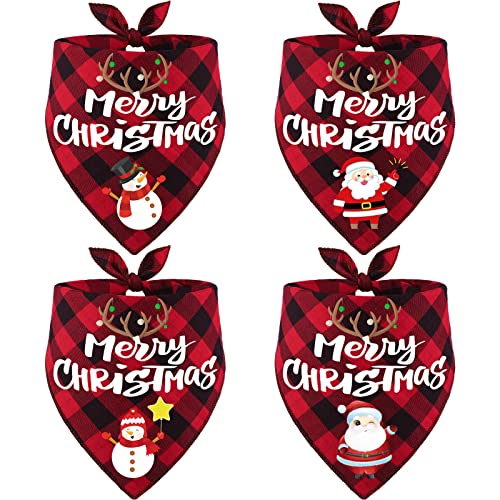 4 Pack Birthday Dog Bandanas Classic Fall Triangle Plaid Christmas Xmas Pet Scarf Bibs Kerchief Gifts with Santa Snowman Printing Pet Holiday Accessories Decoration for Small to Large Dogs Cats
