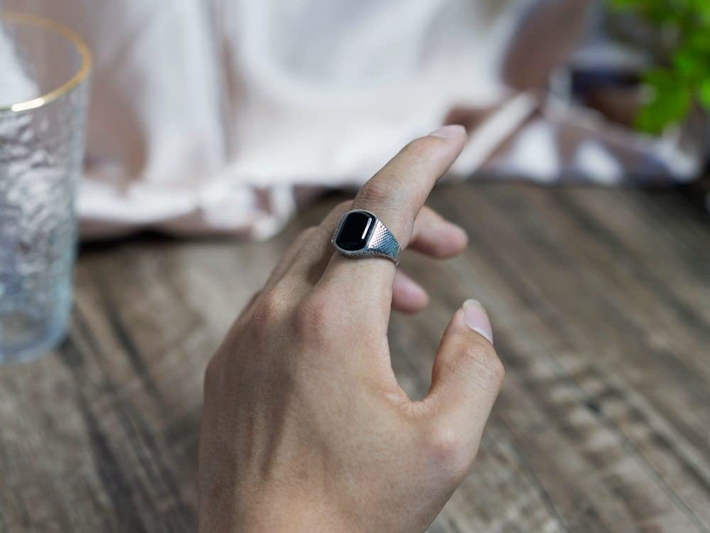 HGJH Silberringe Damen 925,925 Sterling Silber Großer Quadratischer Schwarzer Onyx Ring Natürliche Vintage Klobige Punk Verstellbare Ringe Edelstein Energie Charme Hochzeit Schmuck Geschenke Für Männ
