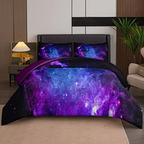 NINENINE Galaxy Comforter Space Bedding Set Queen Size for Teen Kids, Girls Purple Comforter Set Printed with 1 Comforter 2Pillowcases……