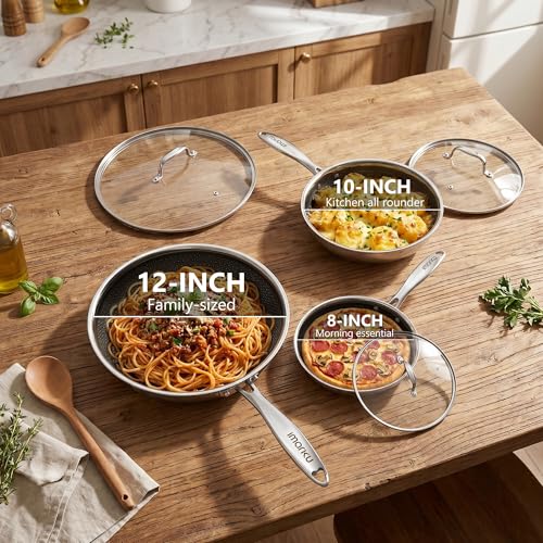 Image of imarku Hybrid Non Stick Frying Pan Set with Lids, PFOA Free, 8 inch /10 inch /12 inch