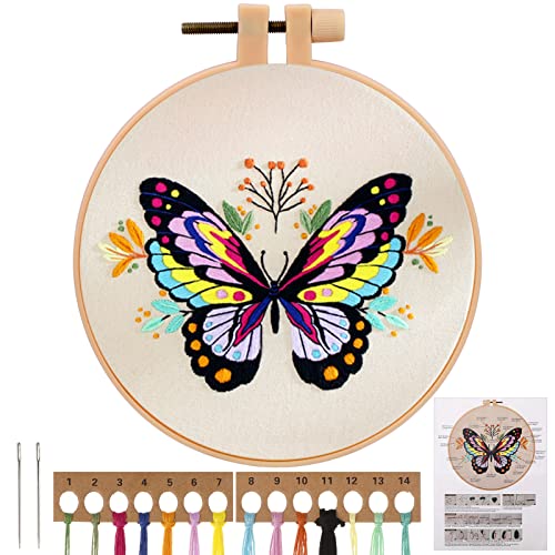 JSRQT Kit de Inicio de Bordado,Mariposas Cross Stitch Kit de Herramientas,Kit Punto de Cruz Bordado de Mano para Adultos, Punto de Cruz Kit Completo
