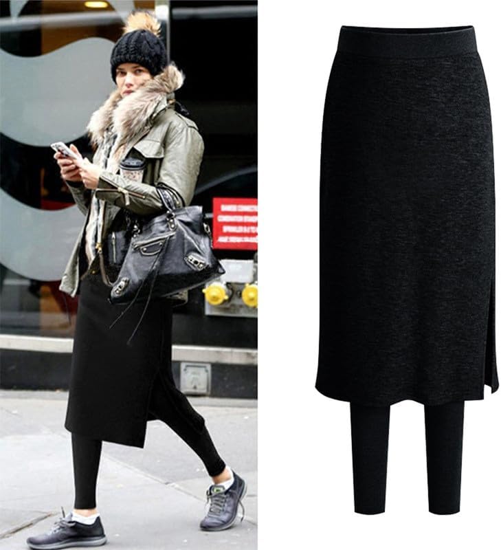 Womens Cotton Blend Skort with Built-in Leggings, Side Slit Pull-On Midi Skirted Leggings, for Casual Work Travel