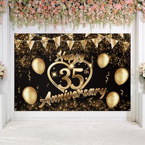 Happy 35th Anniversary Backdrop Party Decorations, Black Gold Glitter Bokeh Dots Valentine's Day Wedding Anniversary Party Photo Background Cake Table Banner Extra Large Wall Decor Props. 6 * 4ft (35)