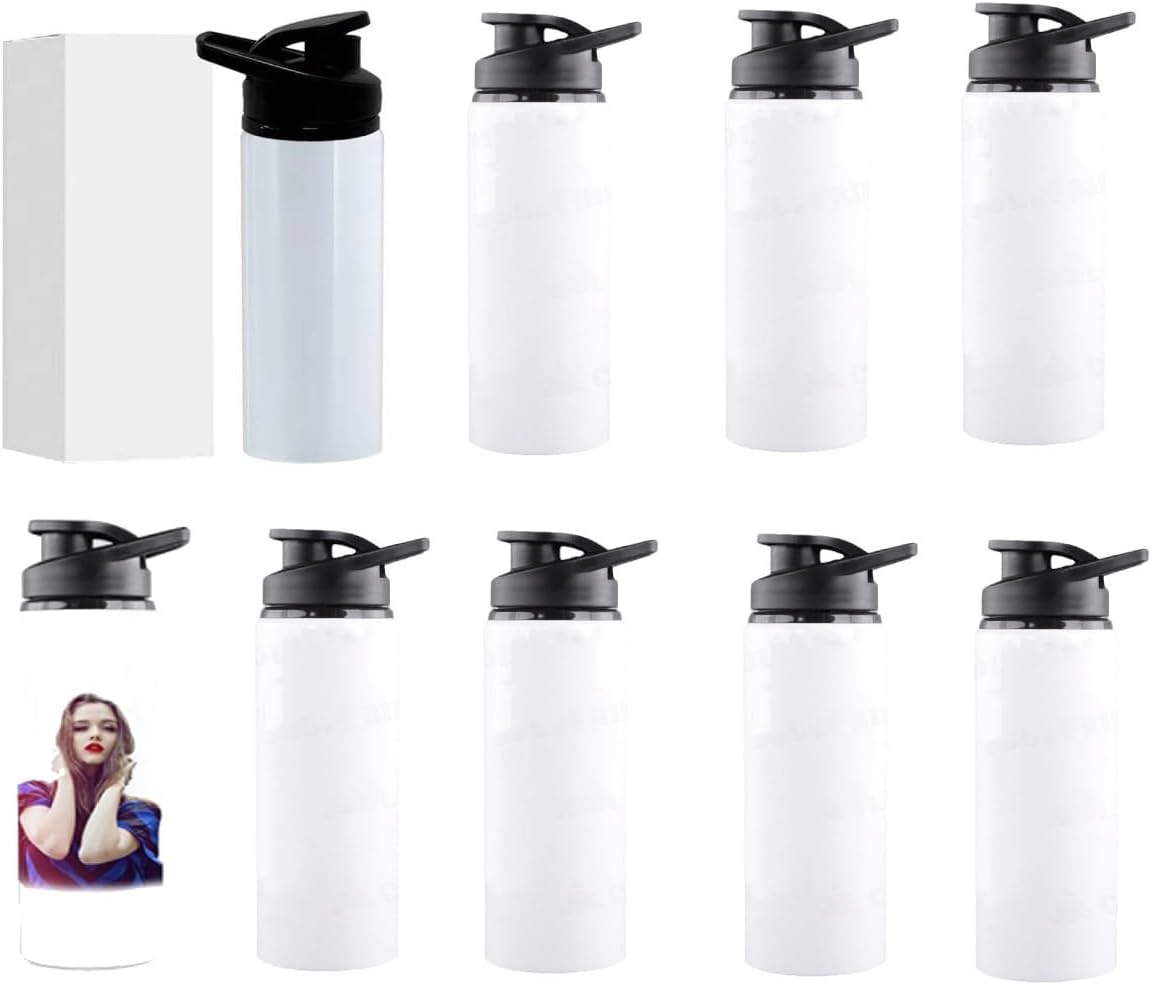 Limitronix 10 Pack 750ml/25oz Sublimation Blank Aluminium Water Bottle Outdoor Sports Bottle With Handheld Lid DIY Heat Transfer Print Straight Portable Water Bottles For Bicycle Travel Climb camp