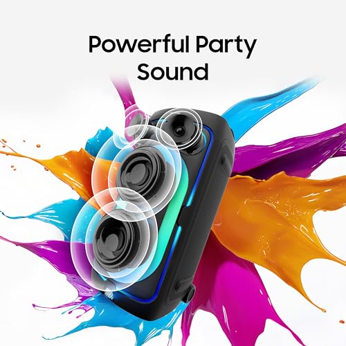 Image of Samsung with in-Built Battery | 18 Hours of Playtime | Party Lights + | Grip & Roll | Splashproof IPX4 | Waveguide | USB Input | 3.5mm Jack | 240 W Bluetooth Party Sound Tower (MX-ST50F /XL, Black)