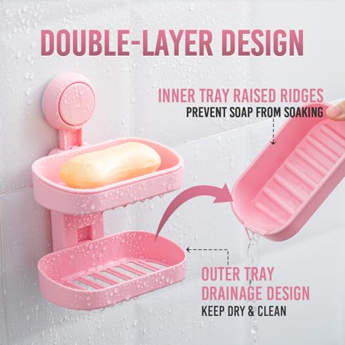 Image of TAILI Soap Holder, Soap Dish for Shower Suction Cup, Bar Soap Holder, Pink | Removable Soap Holder Shower, Soap Tray for Shower Wall, No drill Sponge Holder, Bathroom & Kitchen, Bath Accessories