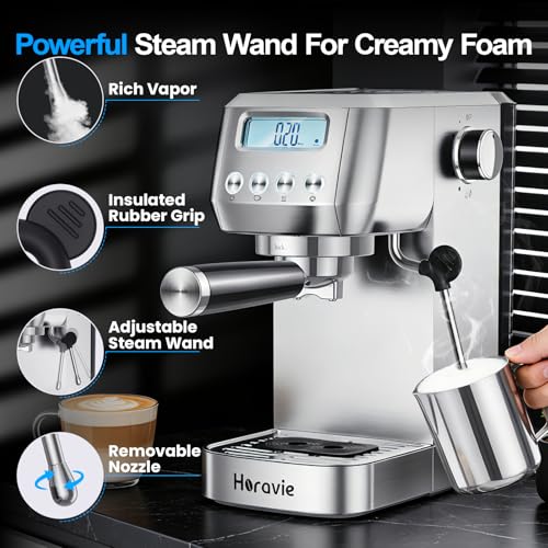 Image of Horavie Ultra Espresso Machine with LCD Display, Espresso Maker with Powerful Milk Frother, Customizable Brewing Temperature, Professional Cappuccino & Latte Machine, Gift for Men & Women