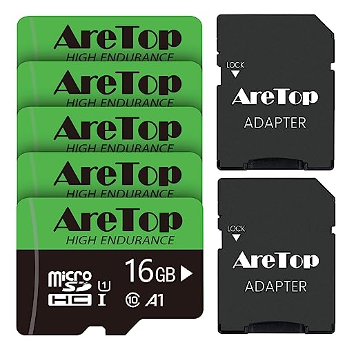 AreTop - Tarjeta Micro SD (16 GB, 5 unidades, UHS-I, TF Micro SDHC Clase 10, U1, con adaptador para tableta, Drone, Dash Cam/Camera/Phone/Nintendo-Switch/PC), lectura máxima de 85 MB/s