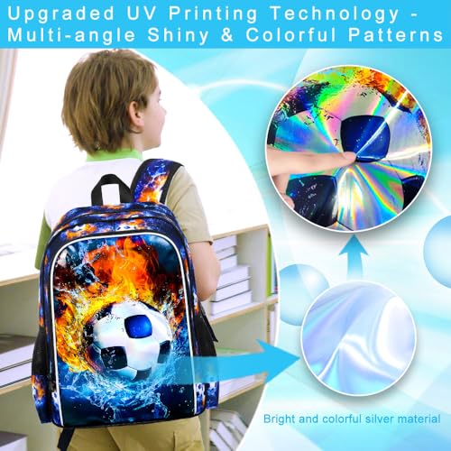 Image of 17 inch Soccer Backpack for Boys, Kids Bookbag with Lunch Box, 3Pcs Football School Backpacks for Elementary Preschool Kindergarten (Fire and Ice)