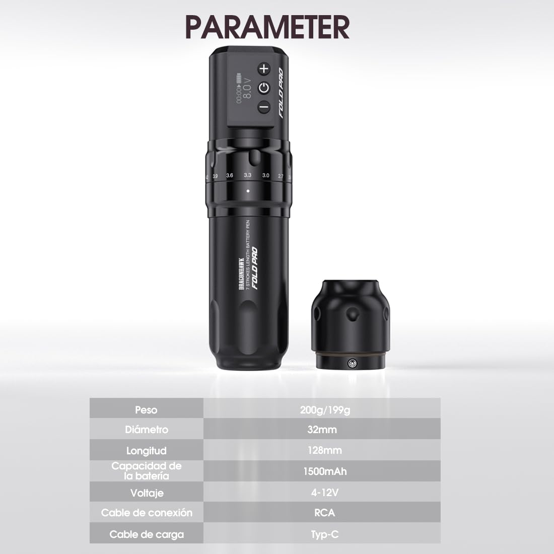 Dragonhawk Fold Pro Máquina de tatuar inalámbrica Bolígrafo con batería de 7 carreras 2.4-4.2mm, 2pcs batería de 1500mAh para tatuadores profesionales