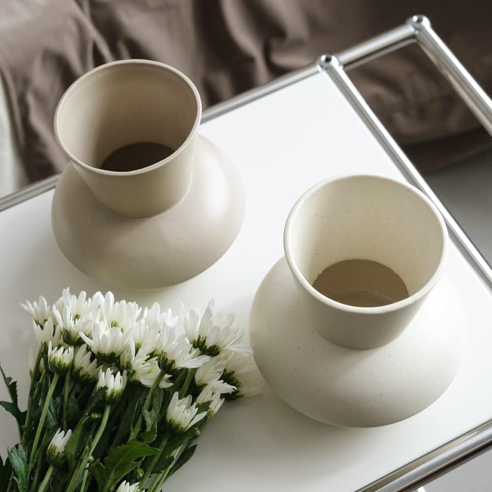 Wide Mouth Ceramic Flower Vase, Minimalist Decor for Living Room (Coconut Café)