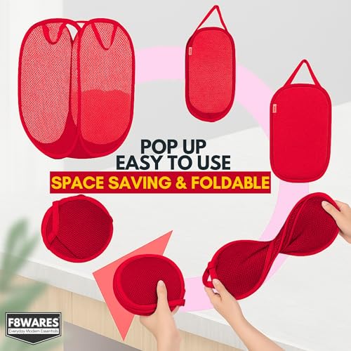Image of F8WARES 2PK 75 Litres Nylon Mesh Foldable Laundry Basket for Clothes - Odourless Breathable Laundry Bag for Clothes with Carry Handles - Kids Toy Baskets For Storage & Dirty Cloth Basket Hamper Red