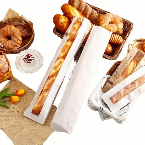 Lot de 50 Sacs à Baguette en Papier Kraft avec Fenêtre et Autocollants Pain Frais - 59 x 11 cm - Emballage Alimentaire Écologique pour Boulangeries, Traiteurs, Restaurants et Événements (blanc)
