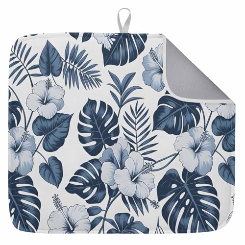 Blue Flowers Dish Drying Mat 1 Pack, Tropical Plant Leaf Palm Twigs Vintage Absorbent Heat Insulating Kitchen Drying Pad Drainer Mats for Sink Counter Dishes 18 X 24 Inch