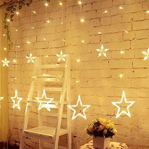 Image of X14 Store 10 Stars 138 LED Curtain String Lights, Window Lights with 8 Flashing Modes Decor for Christmas, Wedding, Party, Home, Patio Lawn, Warm White (138 - Star) (WR-15)