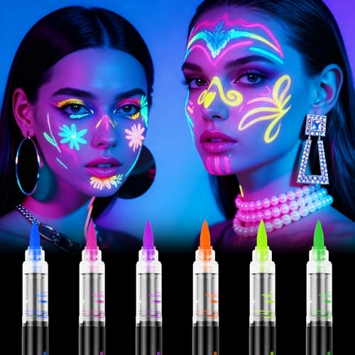 Alaoo Fluorescent Face Tattoo Pen, 6Pcs Glow in the Dark Under UV Light Body Painting Kit, Washable UV Neon Pens for Kids Adults for Halloween, Christmas, Glow Party, Discos