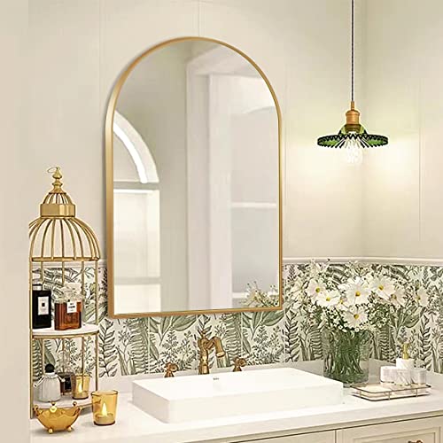 Ogcau Wall Mounted Mirror For Bathroom, Arched Wall Mirror, Bathroom Mirrors For Wall, Decorative Wall Mirror For Bathroom, Wall Mirror With Aluminum Alloy Frame For Entryway, Living Room (Gold) #TOP23