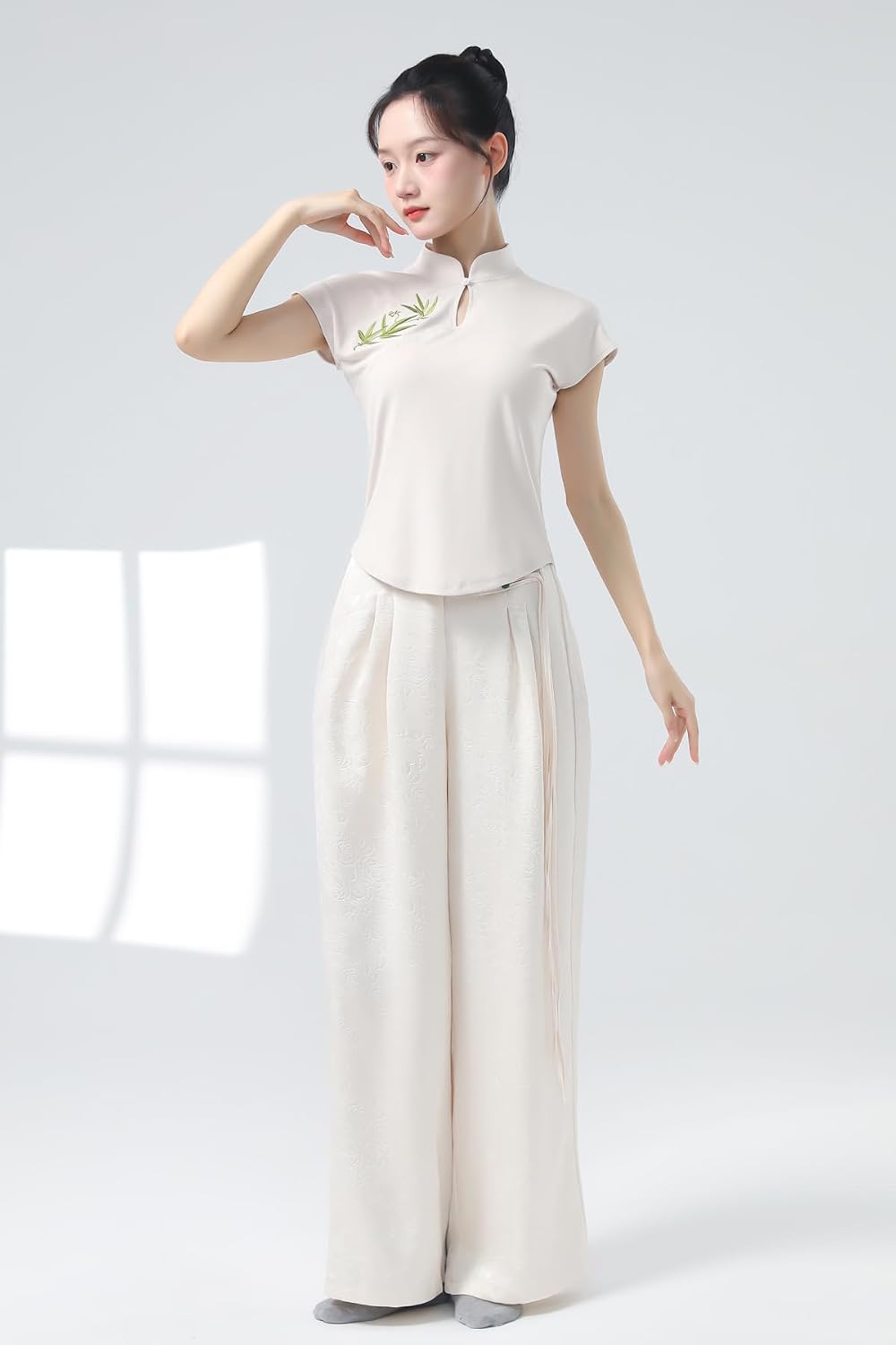 Angcoco Women's Mandarin Collar Embroideried Cap Sleeve Tops