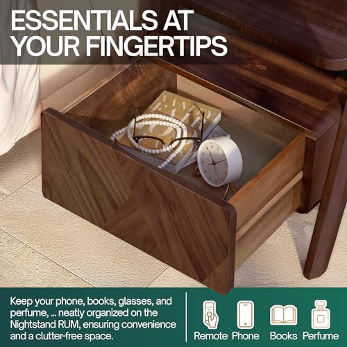 Image of Rum Nightstand with Drawers, Solid Acacia Wood Bedside Table with Drawer & Open Shelf, Handcrafted Wood Grain End Table, Scratch & Water-Resistant, Durable & Easy Assembly (Walnut, Rum)