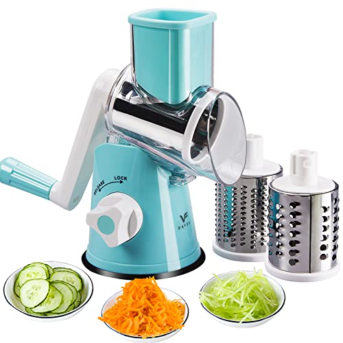FAVIA Rotary Cheese Grater with Handle - Food Shredder with 3 Stainless Steel Drum Blades, Round Mandoline Slicer Nuts Grinder, BPA Free Dishwasher Safe (Blue)