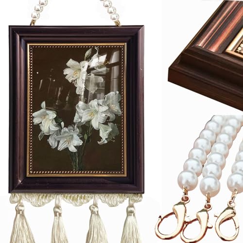Vintage White Lily Framed Wall Art with Pearl Chain & Tassel, Dark Floral Canvas Prints Painting, Elegant Aesthetic Hanging Decor Photo for Bedroom Living Room