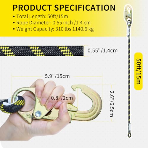 Image of 50FT Fall Protection Safety Rope, Heavy Duty Vertical Lifeline Assembly with Grab Snap Hooks Shock Absorber, Safety Lanyard for Roofing Tree Climbing Construction
