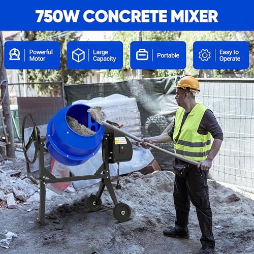 Dkenicor 5.3 Cu.Ft. Concrete Mixer Machine, 750W 1HP Electric Cement Mixer Machine with Wheel and Stand, Portable Concrete Mixer for Stucco, Mortar, Feed -Blue