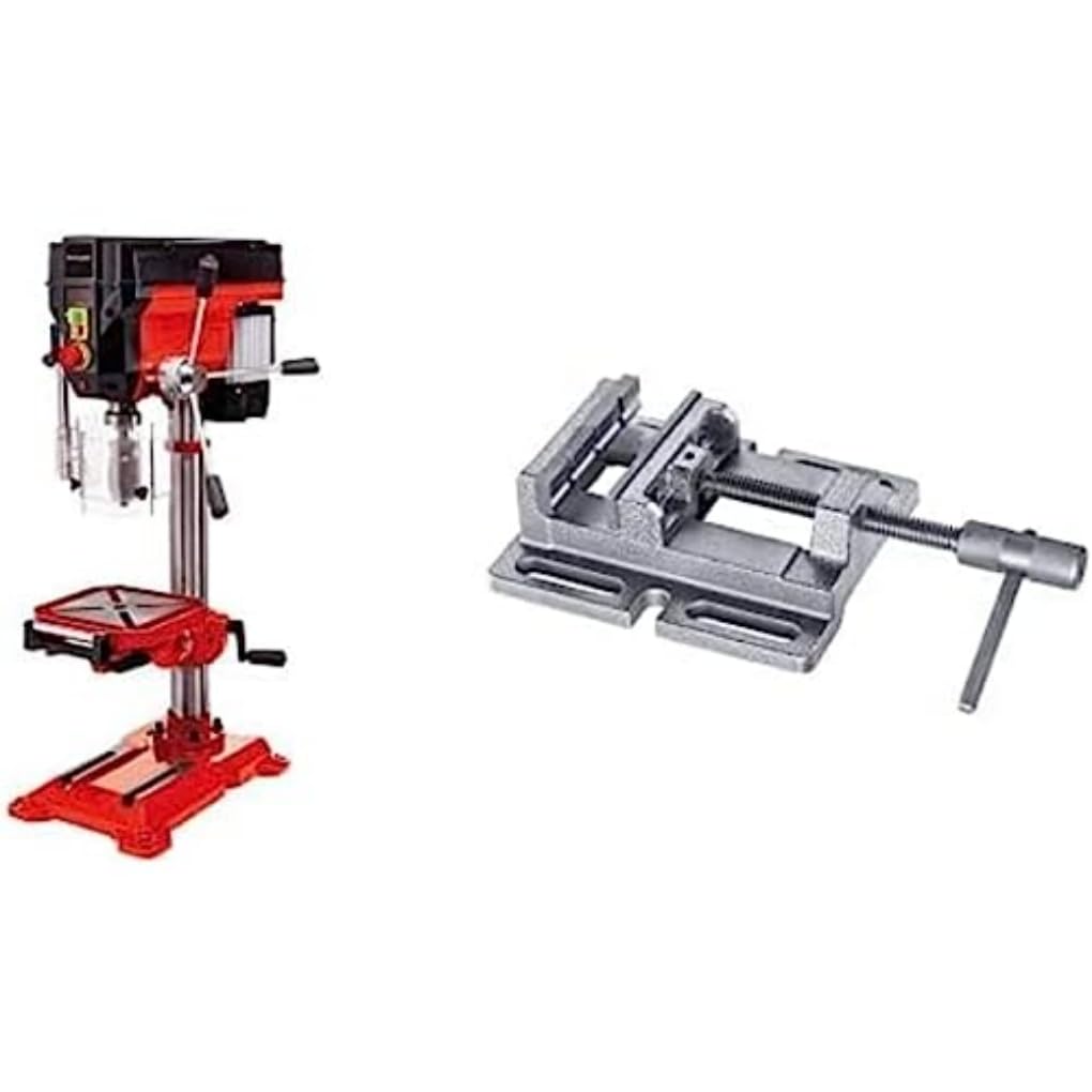 Einhell Perceuse à colonne TE-BD 750 E (750 W, Profondeur de perçage : 80 mm, Affichage LCD de la vitesse, Piètement stable, Inclinable et pivotante, Butée de profondeur réglable) + Étau