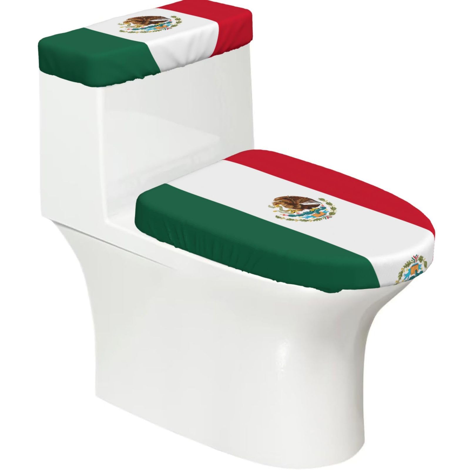 Flag of Mexico Printed Toilet Tank and Lid Cover Set of 2 for Most Bathrooms, Fits Elongated Round Toilets