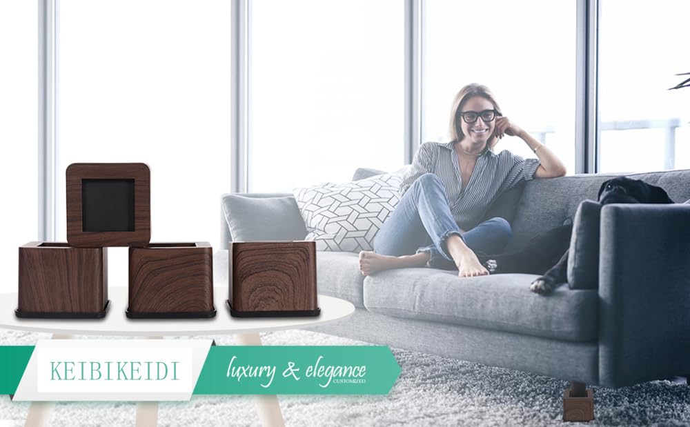 KEIBIKEIDI Wood Bed Risers Heavy Duty Furniture Risers Lift Block-3 Inch, Lifts Up to 2200 LBs Couch Sofa Desk Table Chair Risers (More Realistic Woody Feel—Walnut Wood Grain), Set of 4