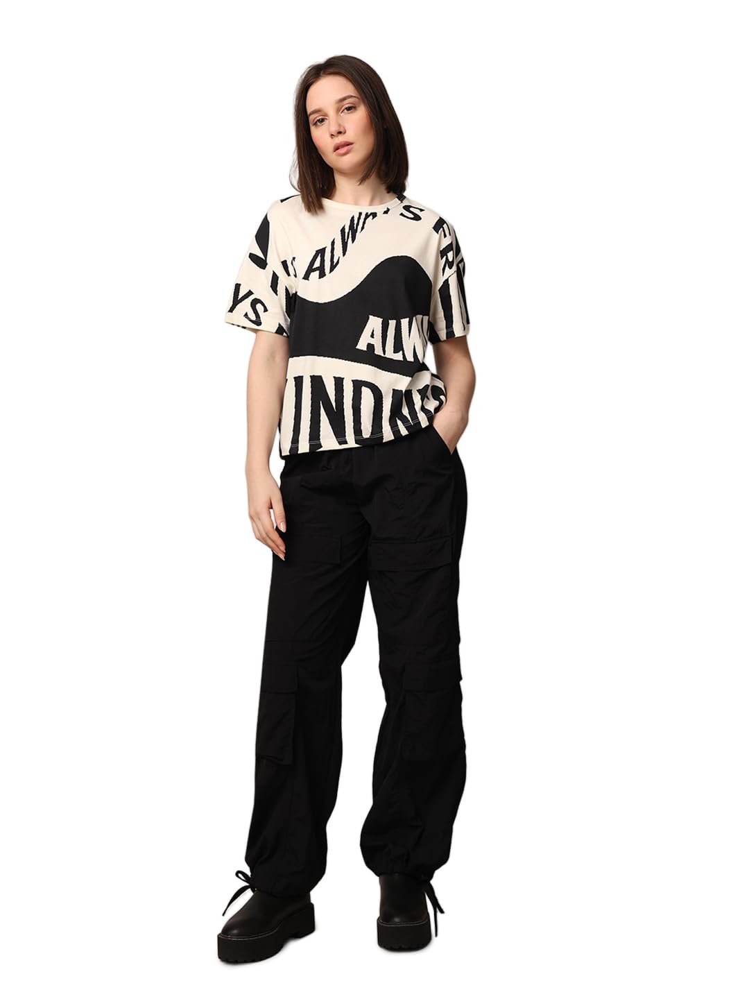 Rare Rabbit Women Typography Printed Round Neck Boxy Fit Oversized T-Shirt in multi