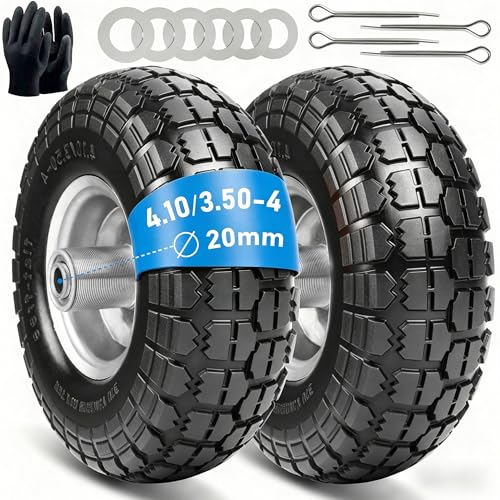 Roues pour diable : lot de 2 pneus en caoutchouc plein 4.10 3.50-4, roues de rechange pour chariot de transport 260 x 85 mm, (essieu de roue de 20 mm)