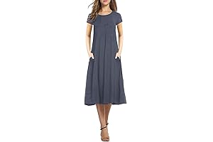Women's Casual Loose Plain Pleated Long Dress Short Sleeve Midi Dresses for Women 6'0 Long