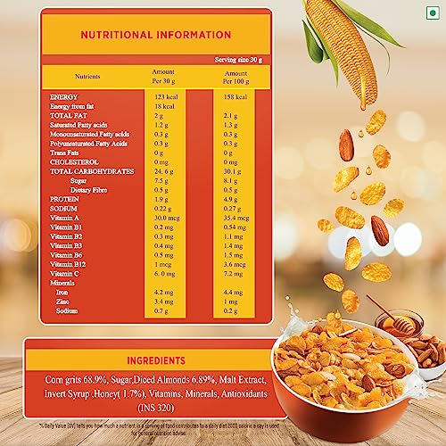 Image of Kwality Corn Flakes with Almond & Honey 1kg | Made with Golden Corns | 99% Fat-Free | High in Protein, Zero Cholesterol | Healthy Breakfast Cereal (Pack of 3)