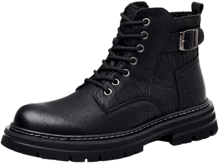 Men's High-Top Leather Boots with Round Toe Lace-Up Design Side Zipper Mesh Lining Trendy Casual Shoes Sturdy Work Shoes Stylish Outdoor Shoes