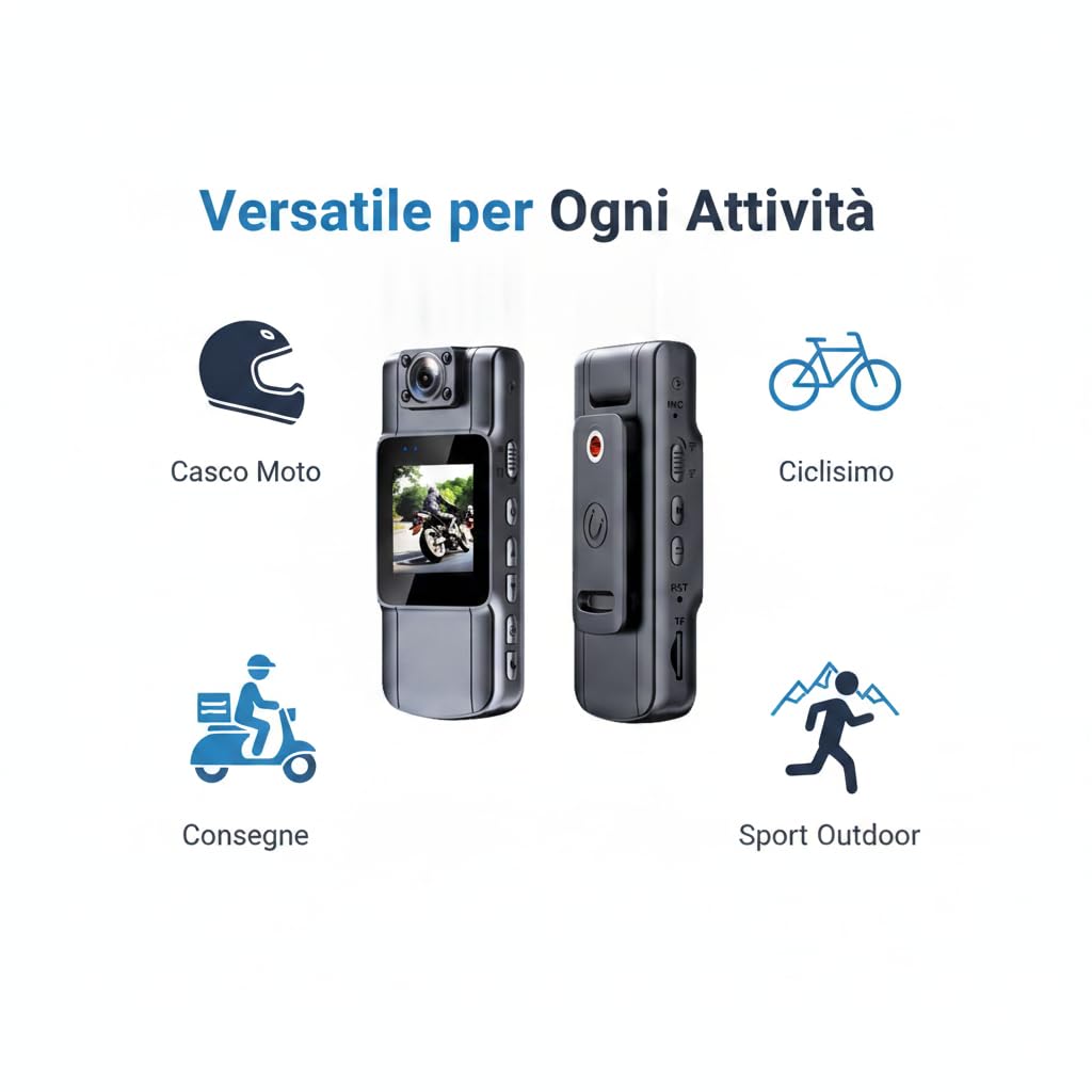 Telecamera wireless per il corpo, videocamera da casco per moto, Smart Camera HD 1080P con obiettivo rotante a 180°, registratore esterno wireless per ciclismo e motociclismo, schermo da 1,54 pollici