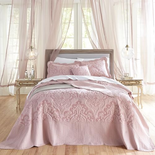 Image of BrylaneHome Amelia Bedspread | Bedding Lightweight All Season Modern Amelia Quilted Damask Oversized Ultra Soft Bedspread FULL, Pale Rose