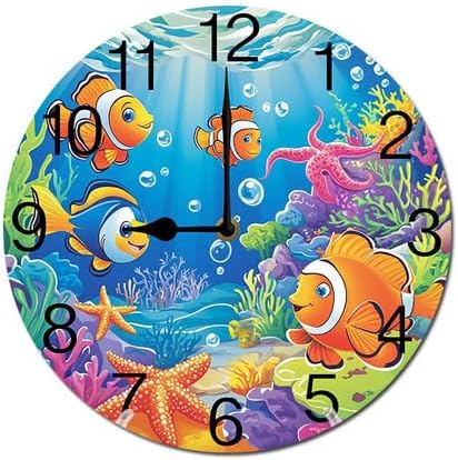 Underwater Life Fish Algae Coral Reef Shark Starfish Round Wood Wall Clock, 10 Inch Battery Operated Analog Quiet Desk Clock for Home,Kitchen,Office,School,Bathroom