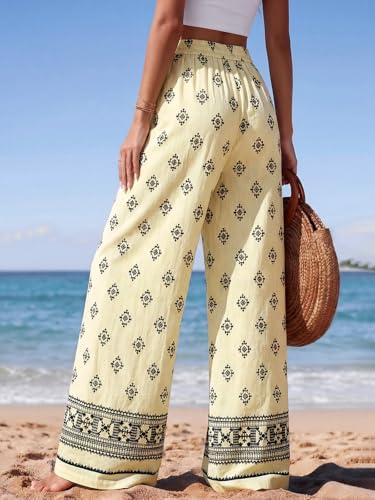 Image of PRETTYGARDEN Womens Pants Elastic Waist Floral Lightweight Palazzo Pants for Women Casual Lounge Wide Leg Pants Woman