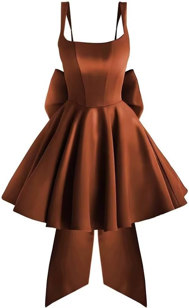 Tianzhihe Satin Homecoming Dresses with Bow Back Square Neck Spaghetti Straps Short A Line Cocktail Dress for Women