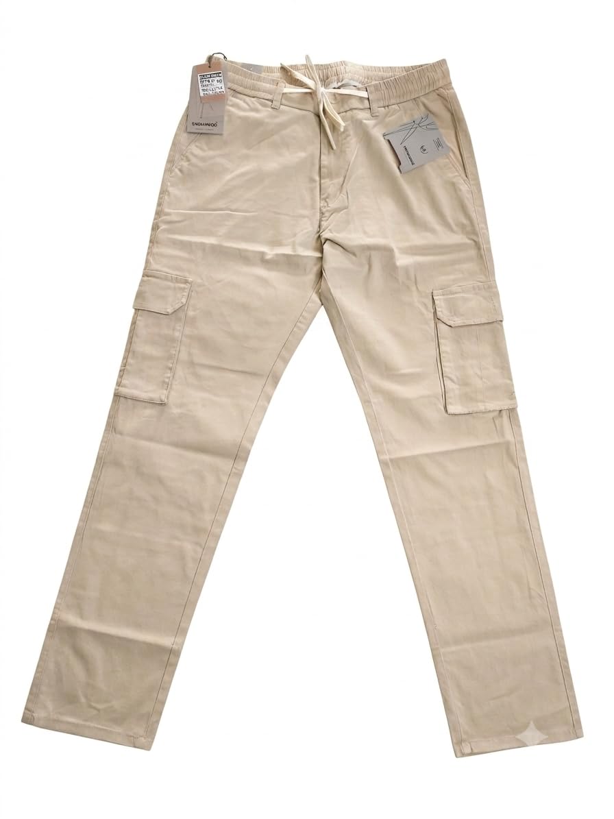 Men's Beige Cargo Pants with Elasticated Drawstring Waist-image-20