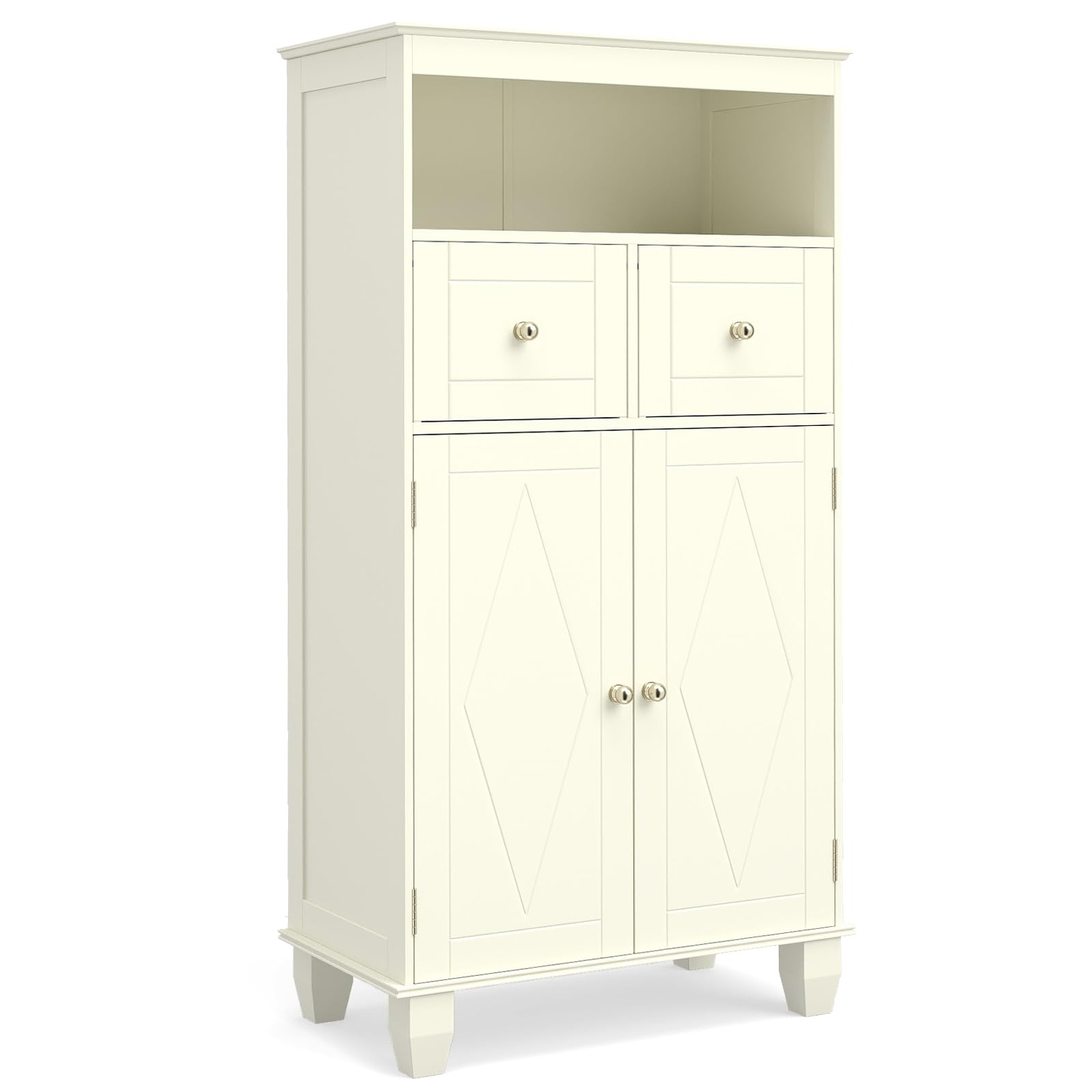 COSTWAY Bathroom Floor Cabinet, 108cm Freestanding Storage Cupboard with 2 Doors, 2 Drawers and Open/Adjustable Shelves, Solid Wood Legs Bathroom Unit Cabinet Sideboard for Living Room Kitchen (Beige)