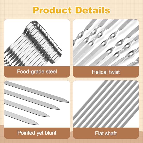MINGBOLIN Grillspieße Edelstahl,12 PCS Schaschlikspieße edelstahl Grillspiesse Fleischspieße Spieße Grill Kabob Spieße Flachspieße Wiederverwendbare Metallspieße,Grillzubehör mit Samtbeutel