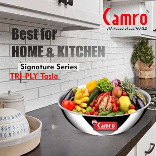 Image of Camro Tripro Triply Artisian Tasla | kadhai Without lid 12 NO 1.8 Liters Cook | Serve, for Deep-Fry | Saute | Stir-Fry | Mixing Desserts Gravy, Induction Friendly & Gas Ready, 6-Year Warranty