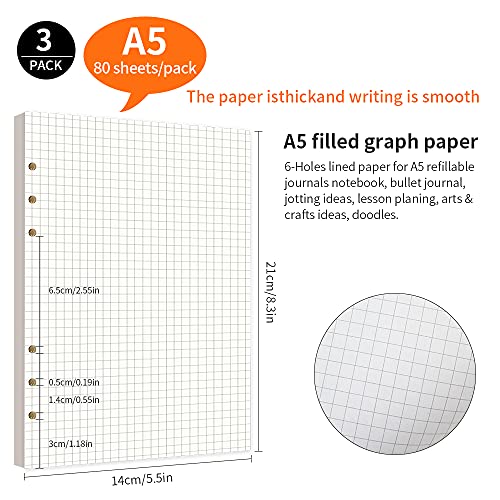240 Blätter A5 Grid Paper,A5 Papier Kariert 6 Löcher Nachfülleinlagen Nachfüllbare Refill Paper für Notizbuch Tagbuch Skizze Malerei 3 Packung