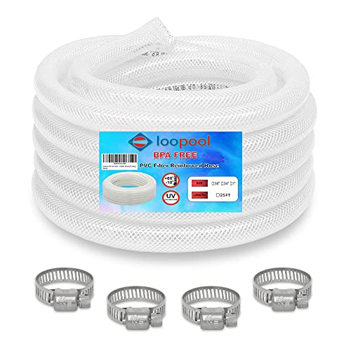 LOOPOOL Food Grade Hose BPA Free, High Pressure Braided Clear PVC Flexible Tubing, Heavy Duty Reinforced with 4 x clamps Included, Chemical Resistant Water Oil vinyl Tubing (50' x 5/8")