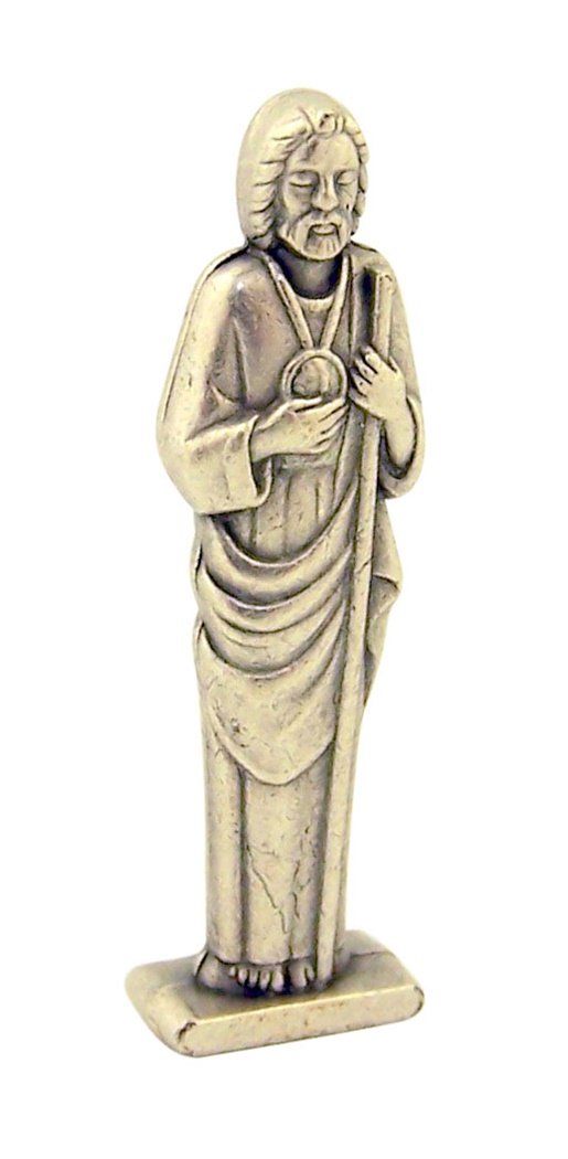 Catholic Saints Silver Tone Saint Jude The Apostle Pocket Statue with Gold Stamped Prayer Card, 1 1/2 Inch