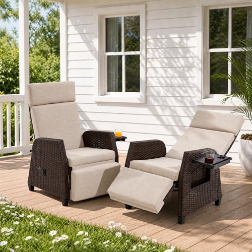 TellMagi Outdoor Recliners Wicker Recliners for Patio w/Adjustable Back & Footrest Simultaneous Recline Air Pump 180 Reclining Chair with Flip Table and Removable Cushion Beige 2Pcs