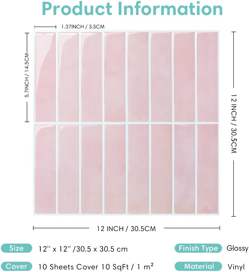Commomy Peel and Stick Tile Backsplash - 10 Pcs of 12'' x 12'' Vertical 3D Peel and Stick Backsplash for Kitchen and Bathroom Interior Wall Tile, Pink (Glossy Surface, Covers 10 sq.ft)